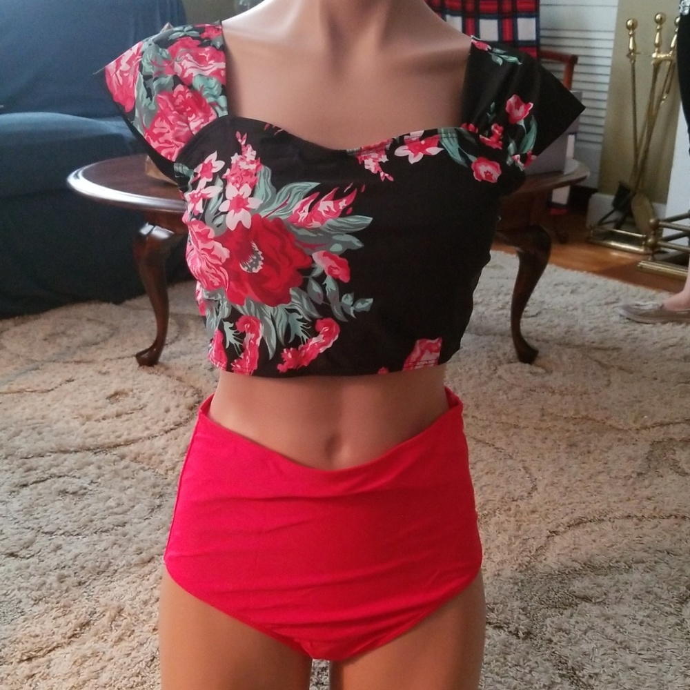 Hot Pink Rose Off Shoulder high waisted Bikini - Picture 2 of 4